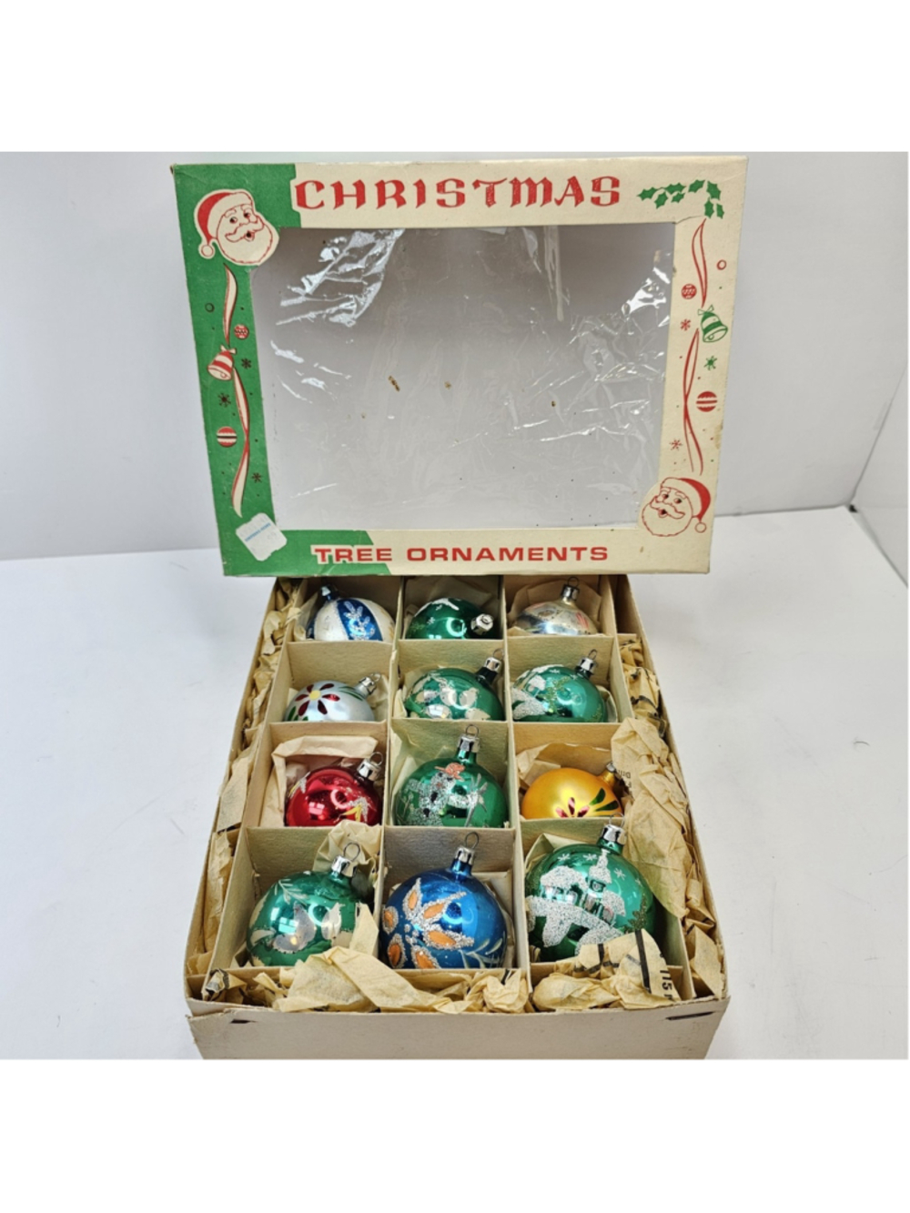 Vintage Glass Christmas Ornaments 12pc Poland Hand Painted 2" Boxed Glitter